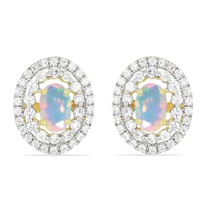 BUY 14K GOLD NATURAL ETHIOPIAN OPAL GEMSTONE HALO EARRINGS 